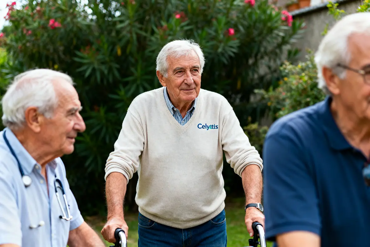 Personnes âgées marchant avec déambulateurs Celyatis dans un jardin verdoyant et fleuri