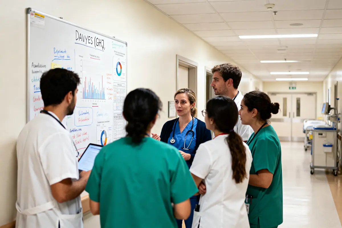 Des médecins discutent devant un tableau blanc avec graphiques dans un couloir d'hôpital.