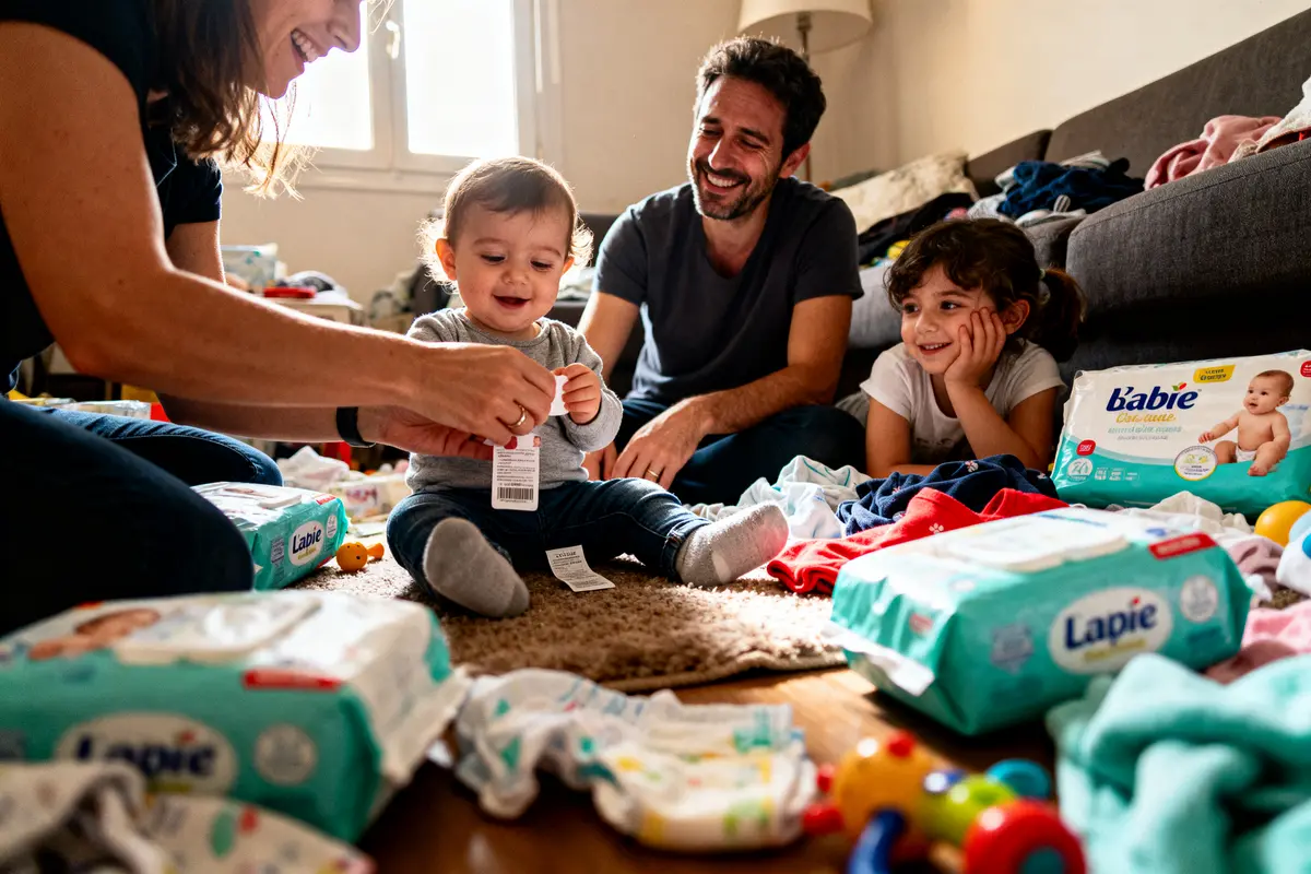 Famille souriante jouant avec bébé, couches et vêtements colorés éparpillés autour d'eux dans le salon.