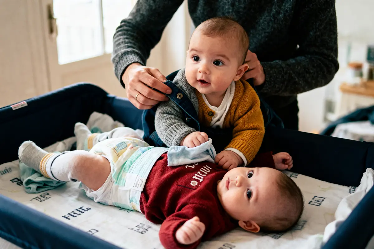 Deux bébés dans un parc. L'un est couché, l'autre en position assise, aidé par un adulte.