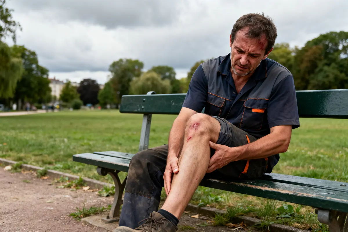 Un homme assis sur un banc ressent une douleur dans la jambe gauche