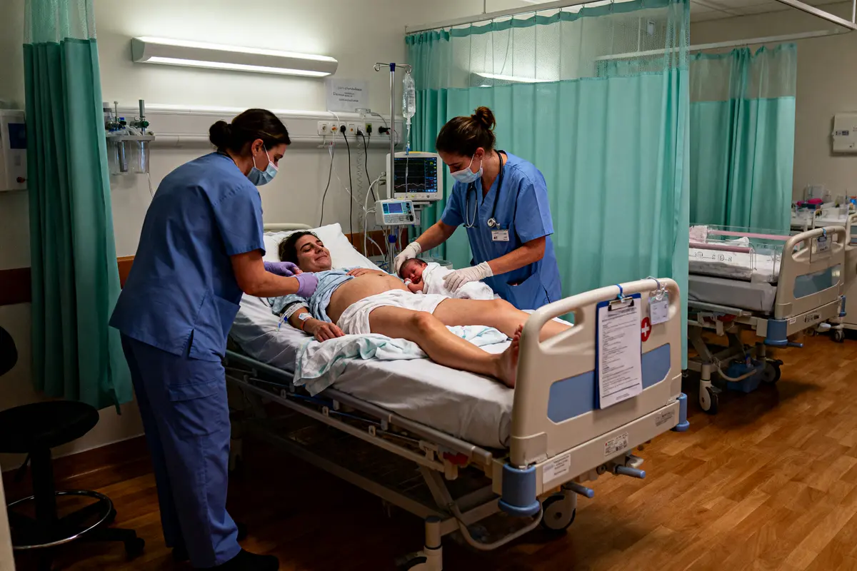 Femme avec son nouveau-né assistée par deux infirmières dans une chambre d’hôpital.