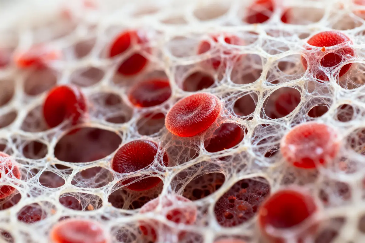 Gros plan de globules rouges entourés de fibres blanches, illustrant une structure cellulaire complexe.