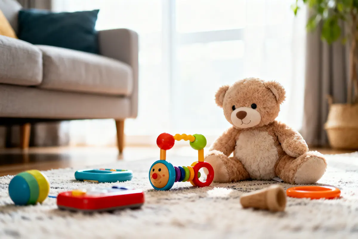 Ours en peluche et jouets colorés sur tapis dans salon lumineux, à côté d'un canapé gris.