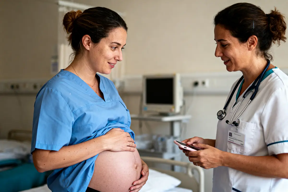 Une femme enceinte parle à une infirmière dans un hôpital, portant une tenue médicale.
