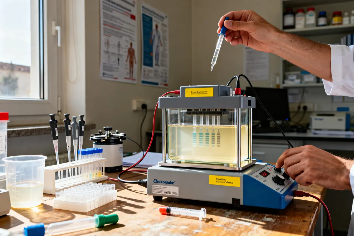 Laboratoire analysant stress et pic monoclonal avec électrophorèse et pipettes sur paillasse