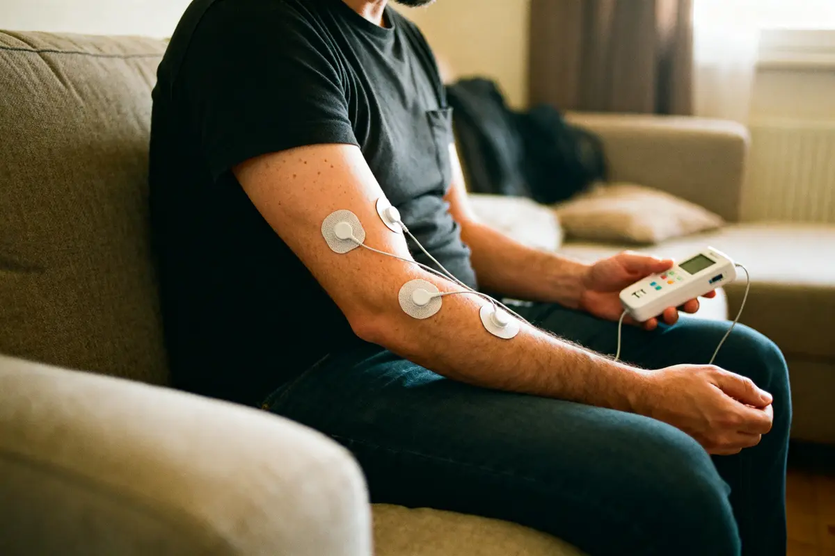 Homme utilisant un appareil TENS avec électrodes sur le bras dans un salon.