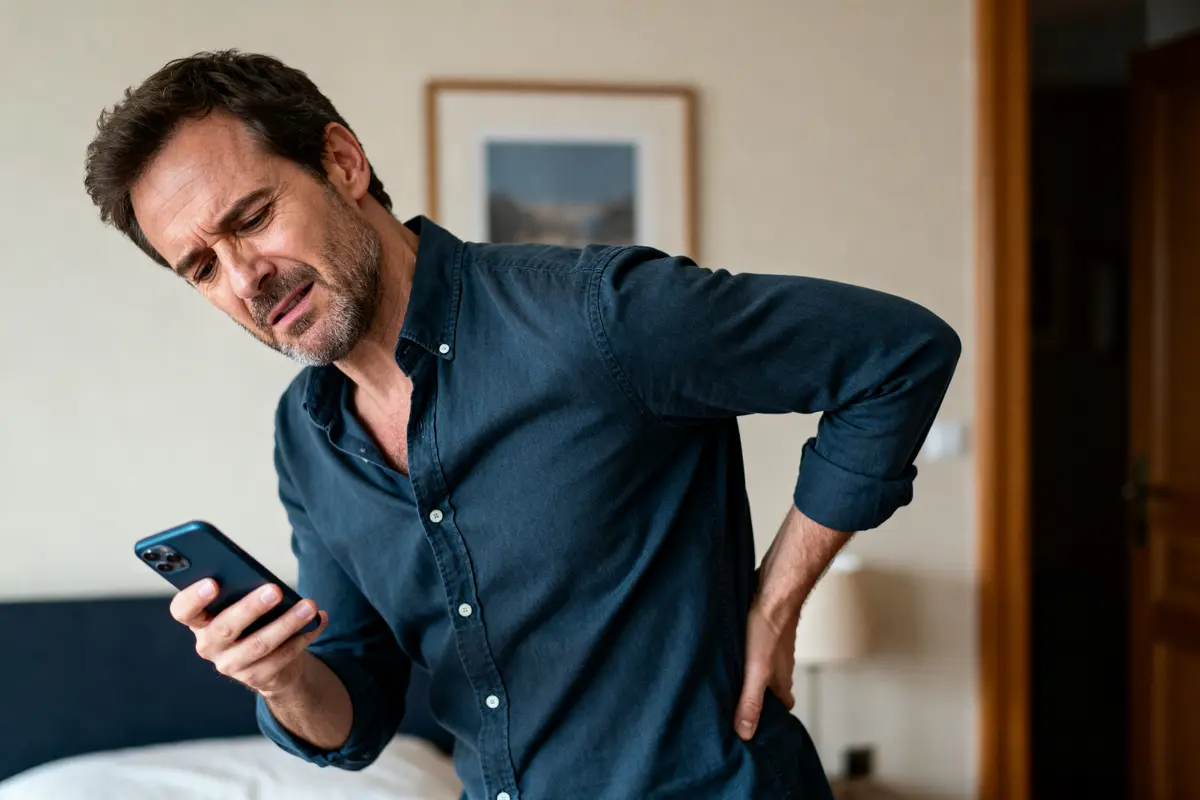 Homme souffrant d'un tour de rein tout en utilisant son smartphone dans le salon