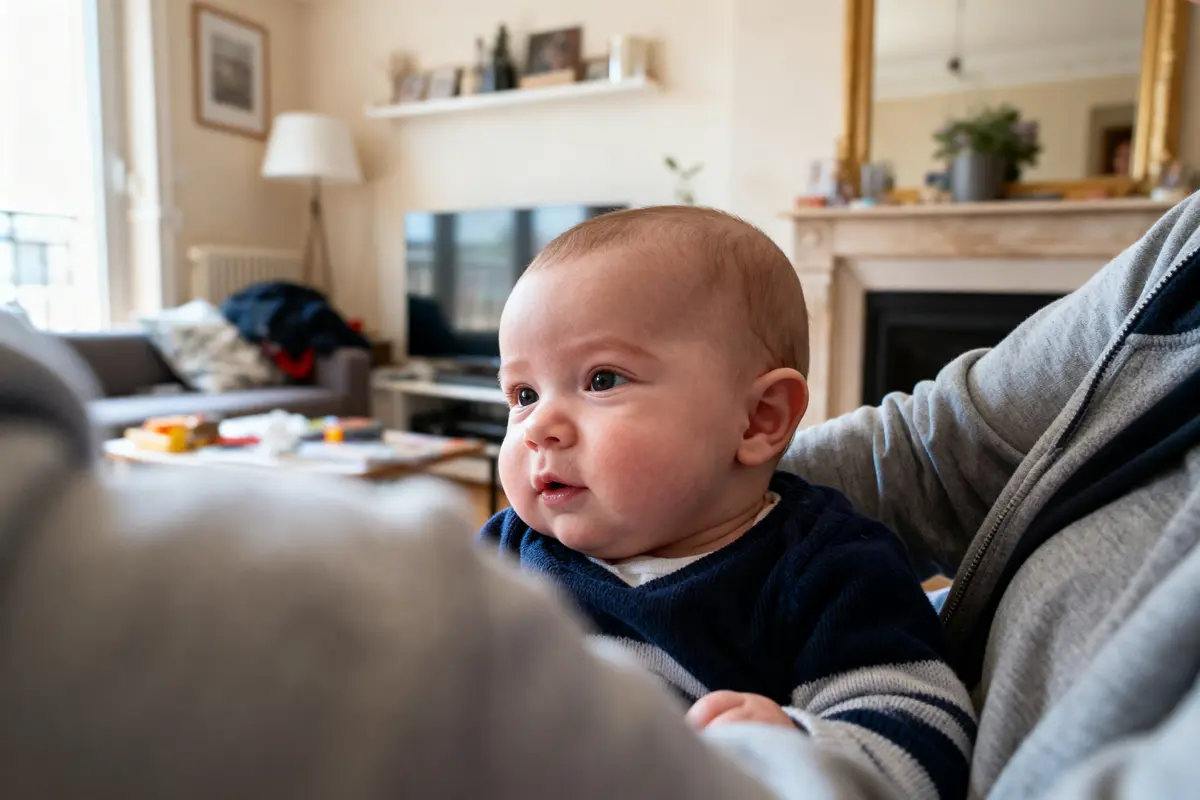 Bébé aux yeux bleus dans un salon, tenu par un adulte. En arrière-plan : canapé et télévision.