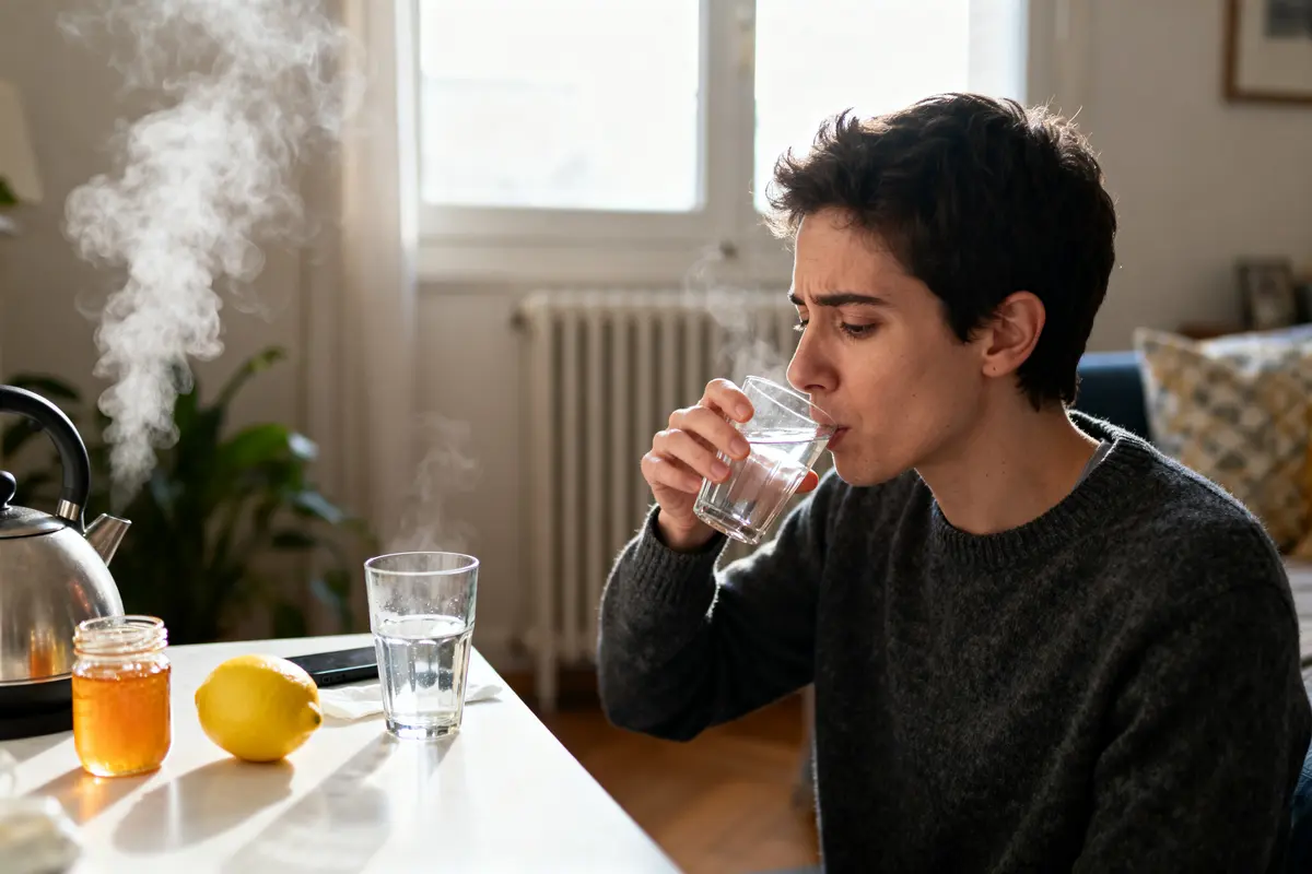 Personne buvant de l'eau chaude dans un verre à côté de citron, miel et bouilloire fumante.