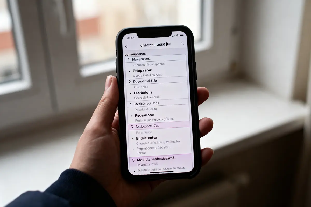 Une main tient un smartphone affichant une liste d’éléments texte illisible, devant une fenêtre.