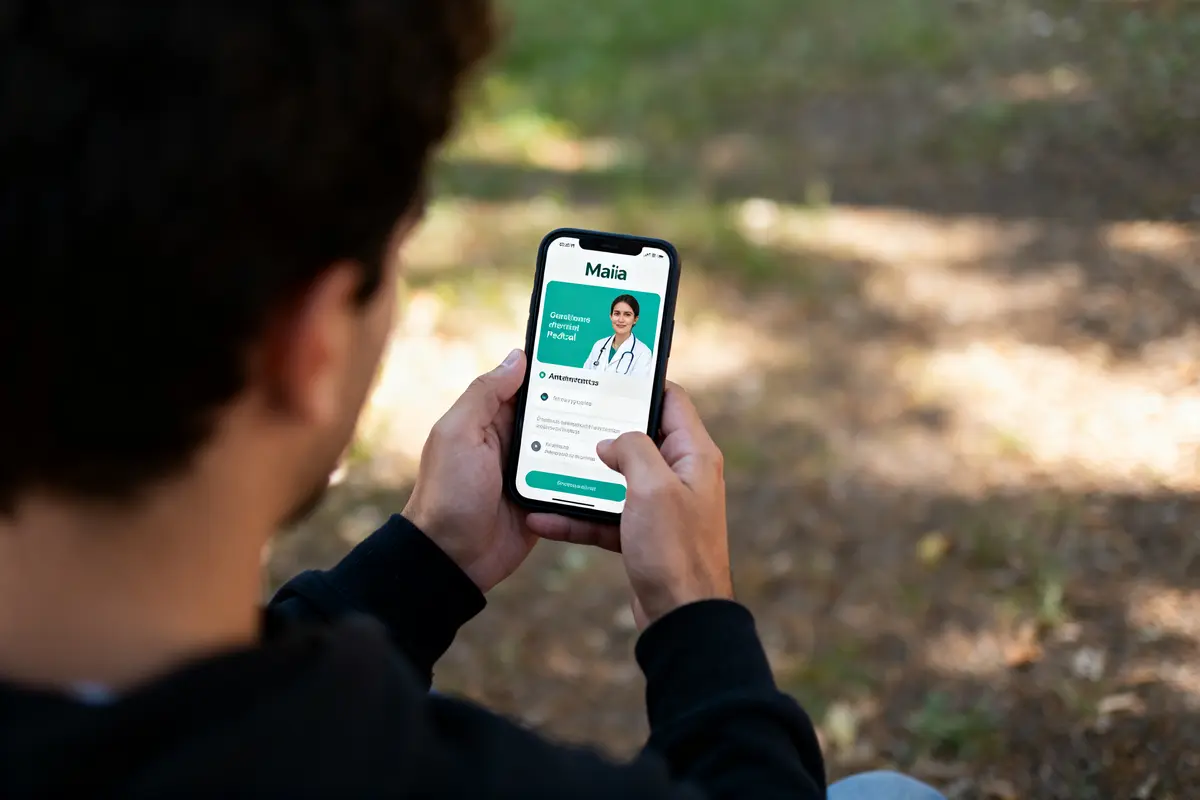 Un homme utilise une application médicale sur son smartphone, en plein air.