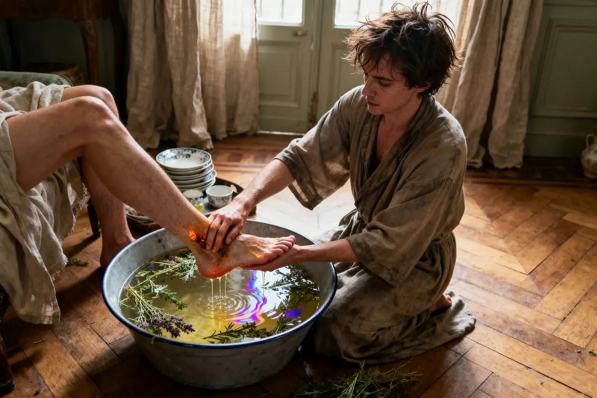 Personne lavant les pieds de quelqu'un dans une bassine avec des herbes aromatiques sur un sol en bois.