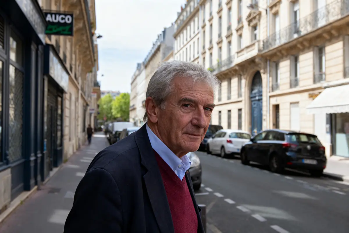 Un homme âgé marche dans une rue parisienne bordée de bâtiments historiques et de voitures.